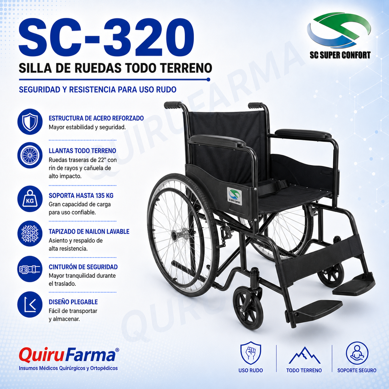 Silla de Ruedas Superconfort SC-320 Todo Terreno - Plegable y Uso Rudo