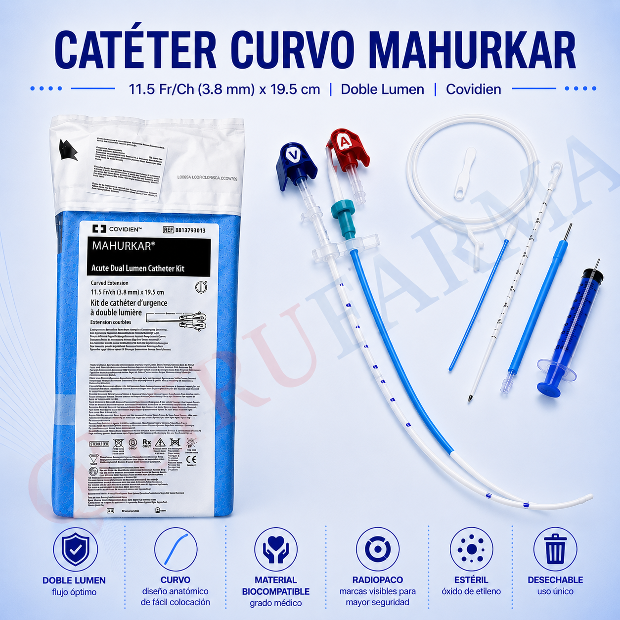 Kit de Catéter Curvo Mahurkar Doble Lumen