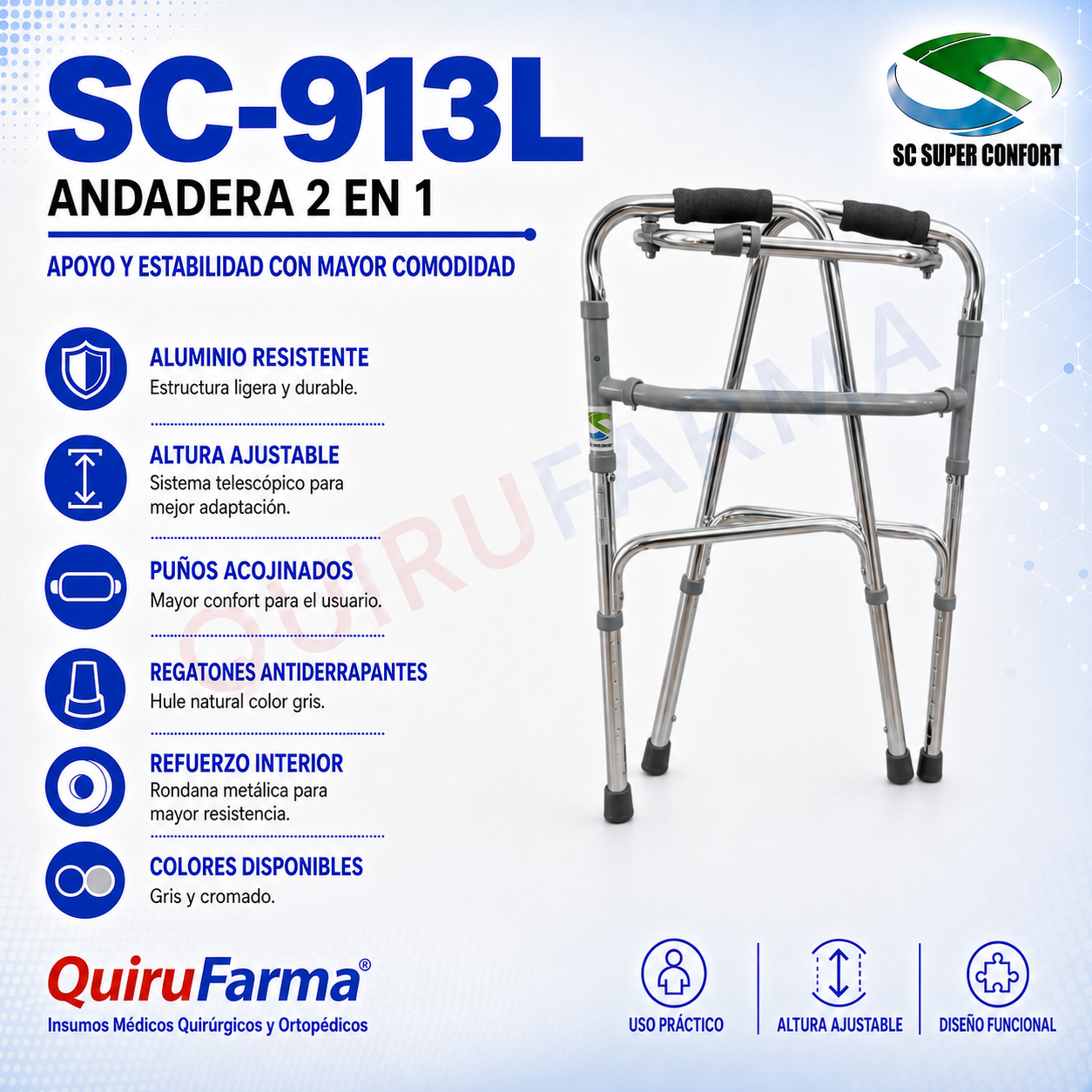 Andadera 2 en 1 de Aluminio con Altura Ajustable SC-913L