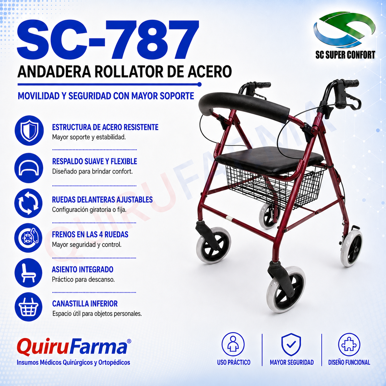 Andadera Rollator de Acero con Frenos en 4 Ruedas SC-787