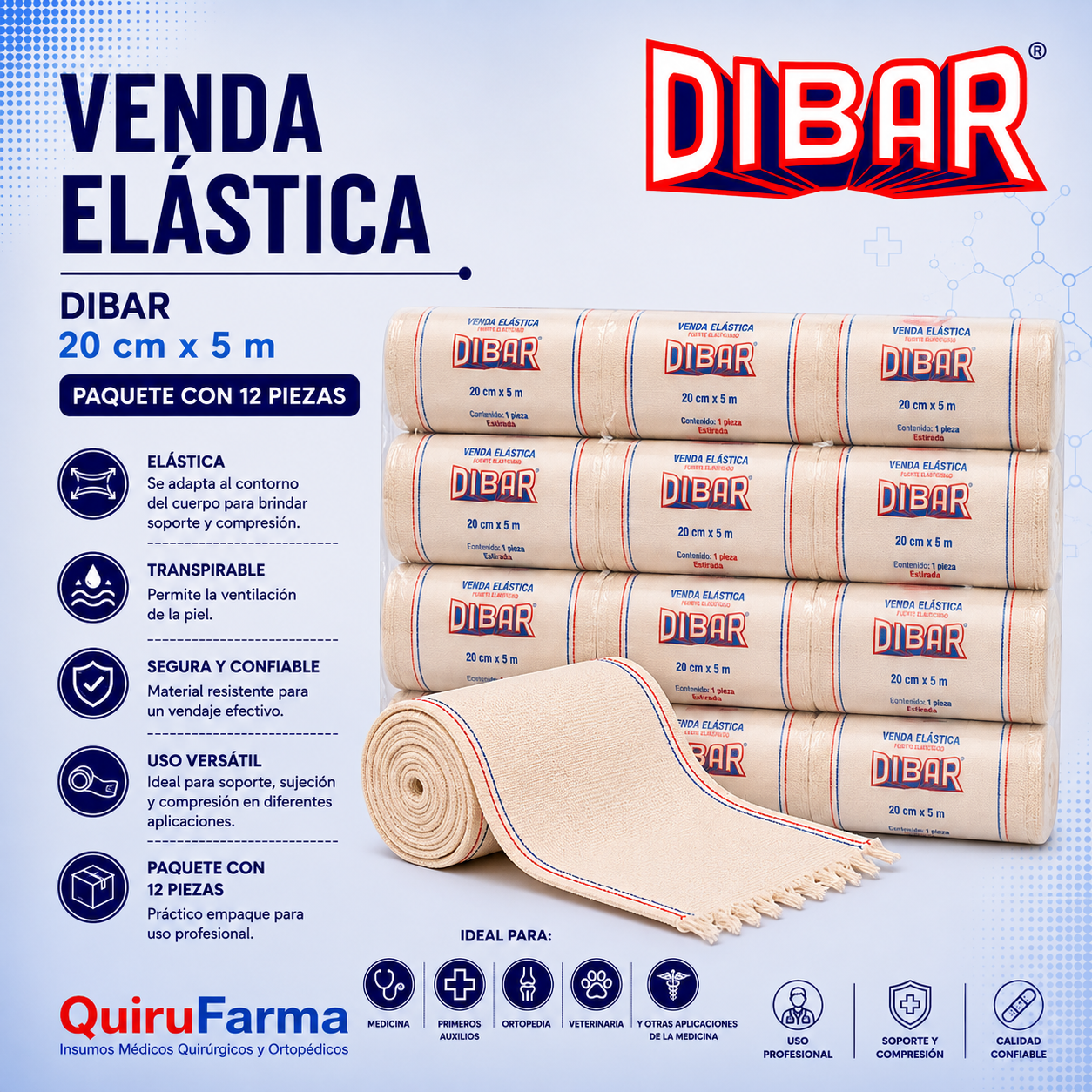 Venda Elástica Dibar 20 cm x 5 m | Paquete con 12 Piezas