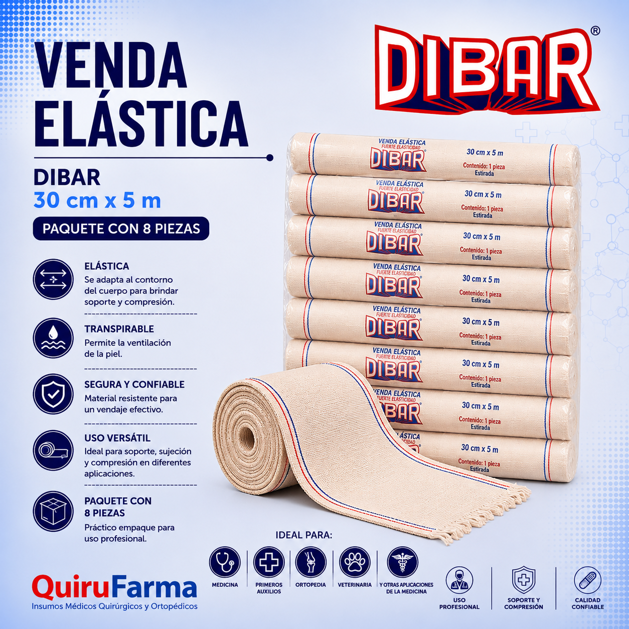 Venda Elástica Dibar 30 cm x 5 m | Paquete con 8 Piezas