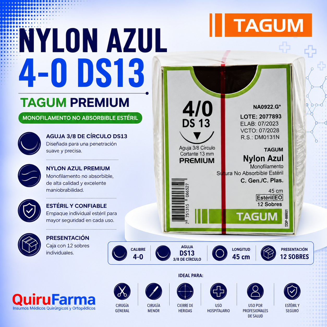 Sutura Nylon Azul Tagum Premium 4-0 DS13 | Caja con 12 Sobres – Quirufarma
