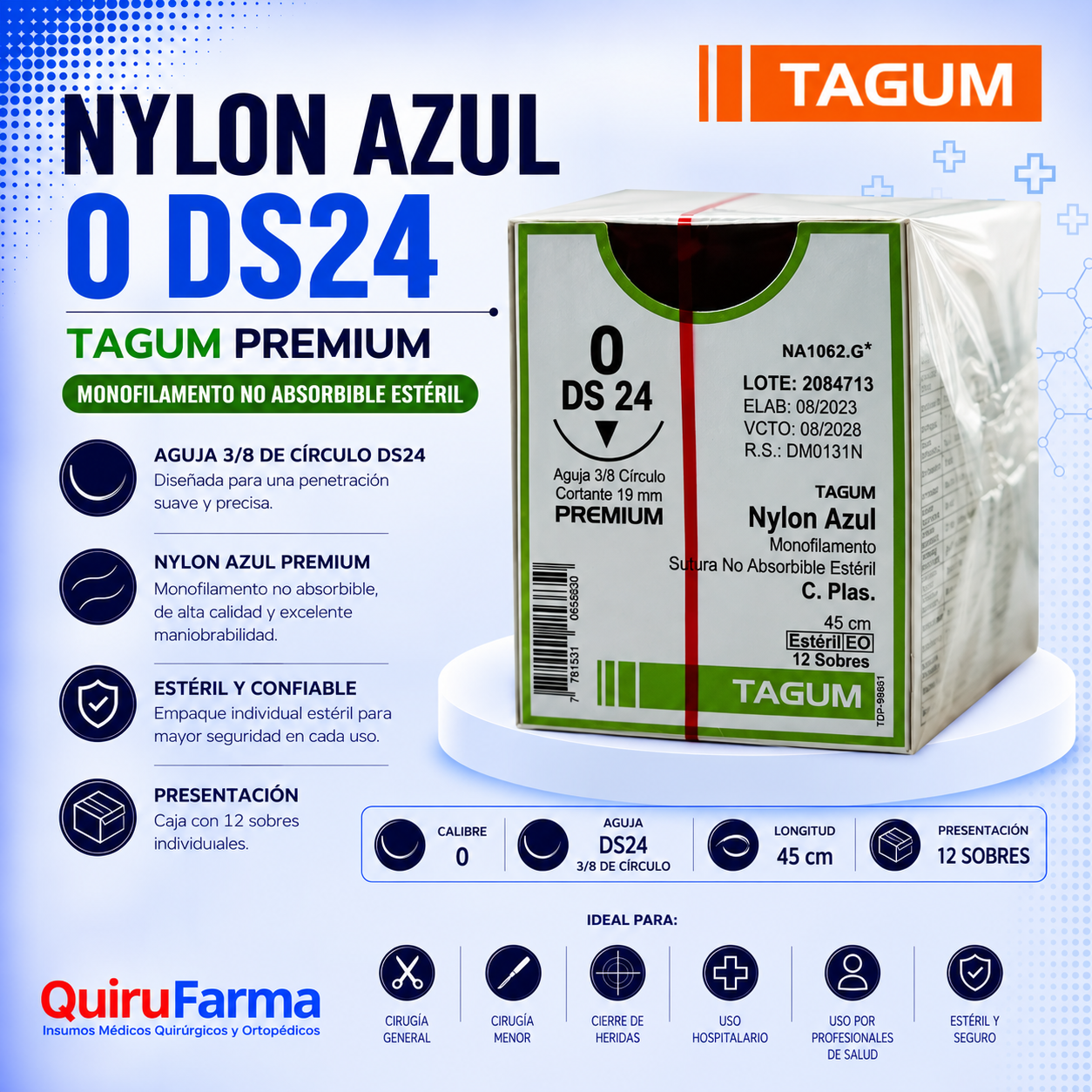 Sutura Nylon Azul Tagum Premium 0 DS24 | Caja con 12 Sobres – Quirufarma