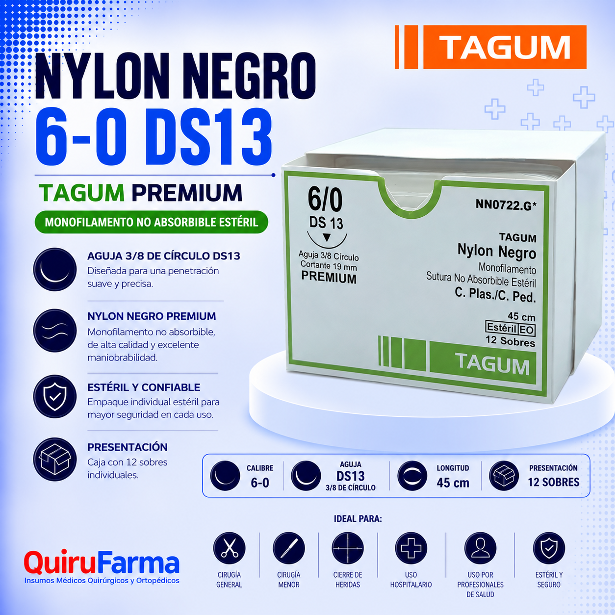 Sutura Nylon Negro Tagum Premium 6-0 DS13 | Caja con 12 Sobres – Quirufarma