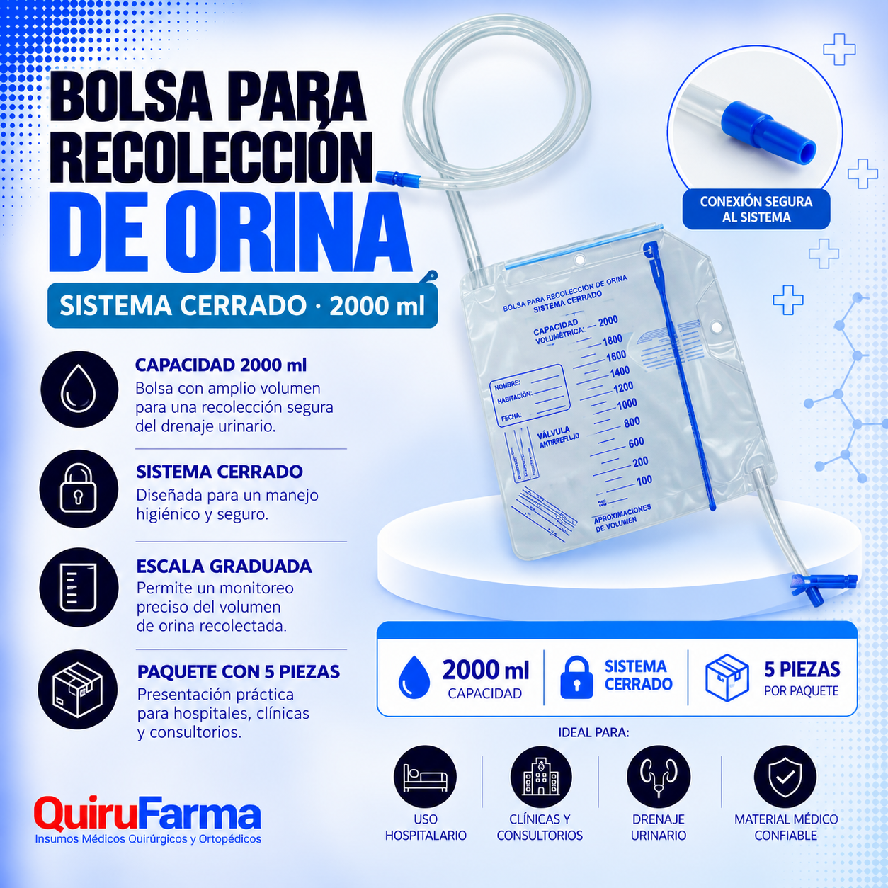 Bolsa para Recolección de Orina Sistema Cerrado 2000 ml | Paquete con 5 Piezas – Quirufarma