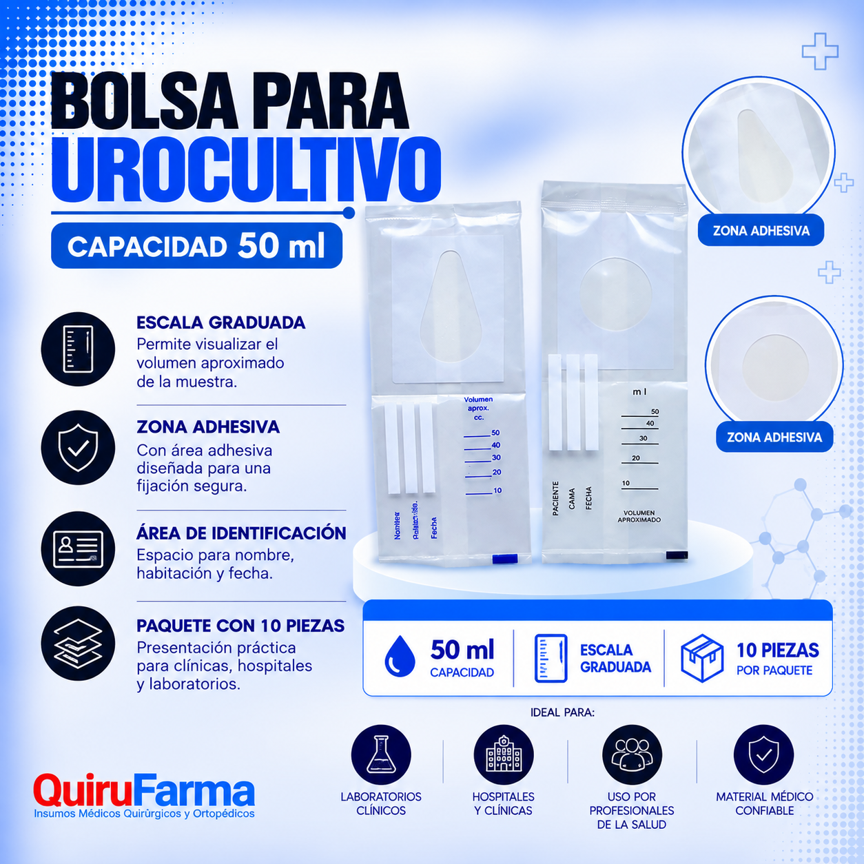 Bolsa para Urocultivo 50 ml | Paquete con 10 Piezas – Quirufarma