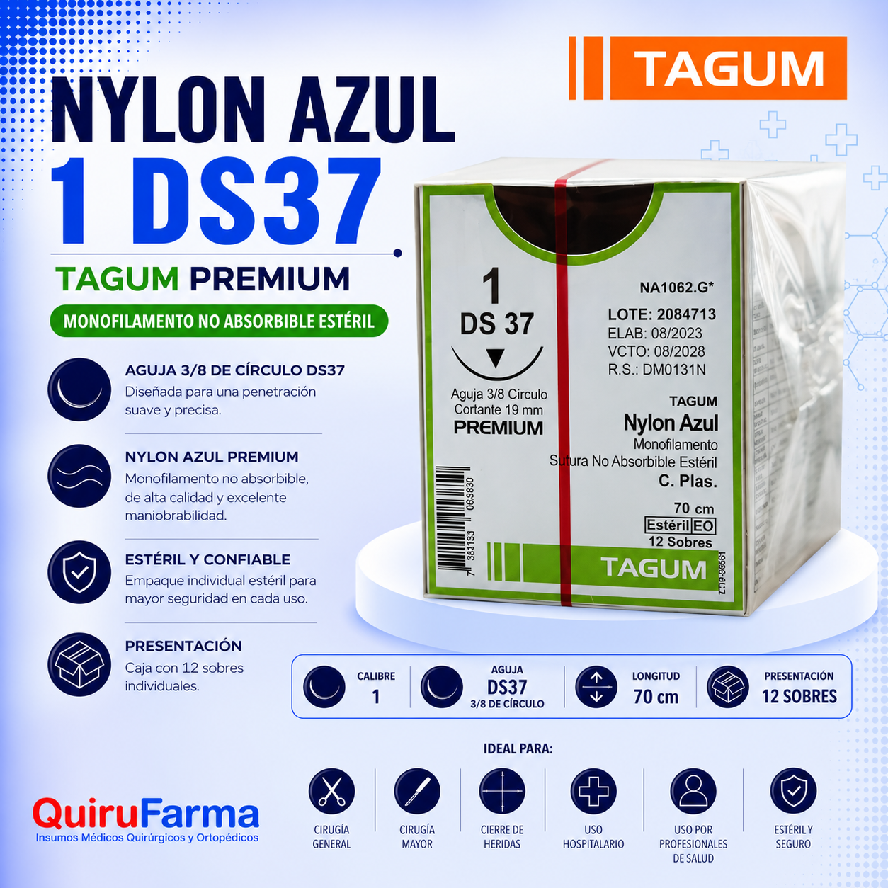 Sutura Nylon Azul Tagum Premium 1 DS37 | Caja con 12 Sobres – Quirufarma