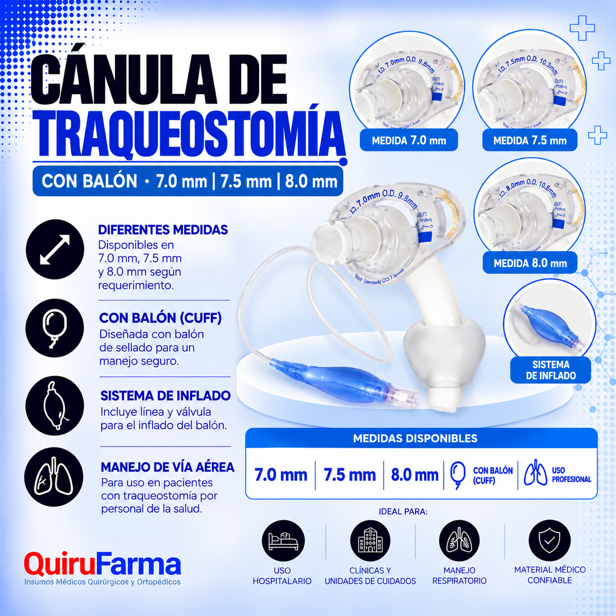 Cánula de Traqueostomía con Balón | 7.0 mm, 7.5 mm y 8.0 mm – Quirufarma